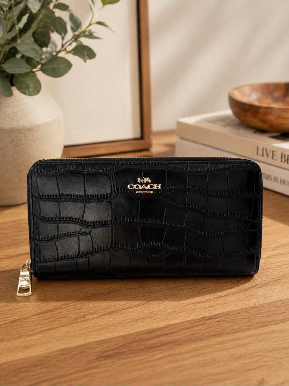 Coach Black Croc-Embossed Zip Wallet with Gold Logo